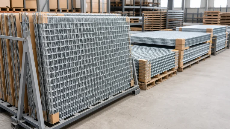 Galvanized welded wire mesh panels stacked upright in protected racks and flat on pallets in an export warehouse