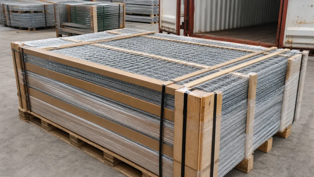 Flat stacks of galvanized welded wire mesh panels protected by cardboard, timber battens, wrap and straps on export pallets beside a shipping container