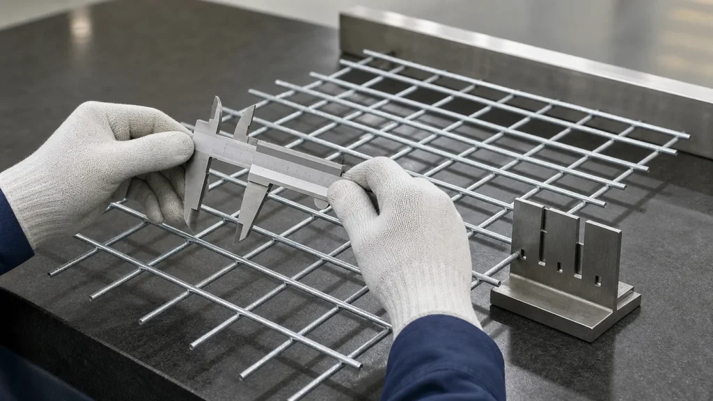 Gloved inspector measuring the opening and wire of a galvanized welded wire mesh panel beside a straightedge and weld inspection fixture