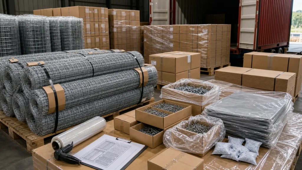 Wire mesh rolls, nail cartons, moisture-control packing, and pallets prepared for export loading