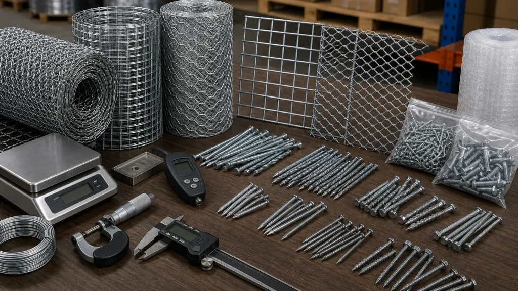 Wire mesh, nails, fasteners, and measuring tools on a quality control table