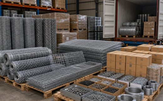 Wire mesh rolls, welded panels, nail cartons, and fasteners arranged for hardware sourcing planning