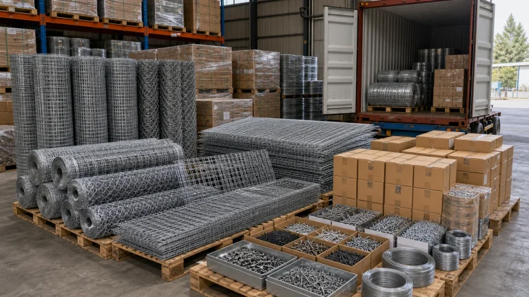 Wire mesh rolls, welded panels, nail cartons, and fasteners staged in an export warehouse