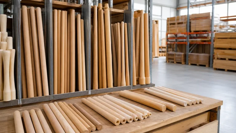 Unfinished wooden tool handles of different lengths and profiles organized in warehouse racks and on a packing bench