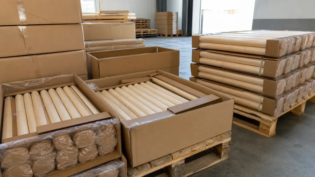 Unfinished wooden tool handles bundled by length in protective wrap and cartons on stable export pallets in a warehouse