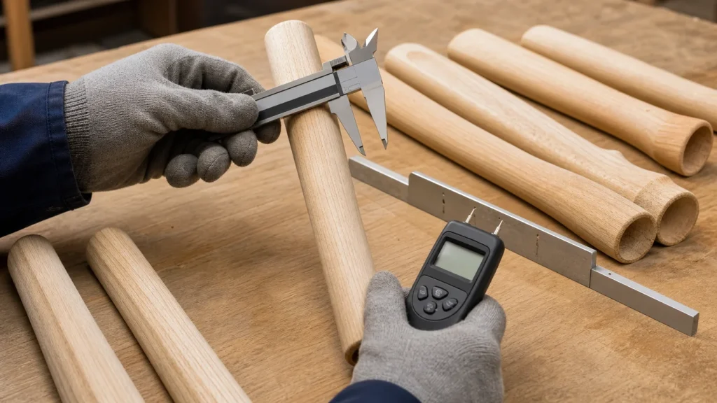 Gloved inspector measuring an unfinished wooden tool handle with a caliper beside a moisture meter and straightness gauge