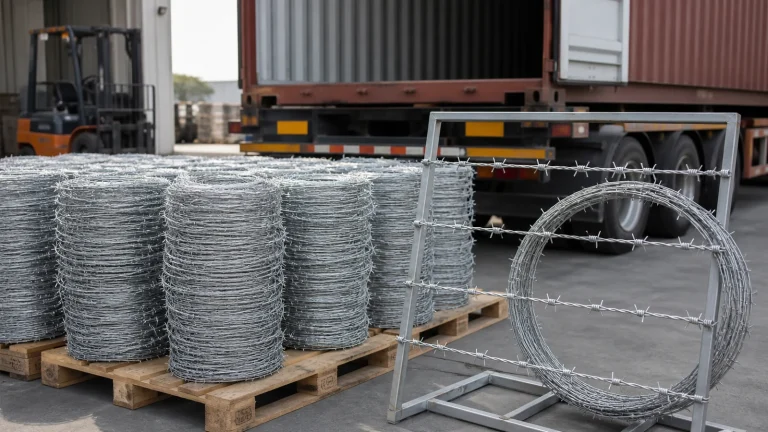 Galvanized barbed wire coils staged on pallets at an export loading bay beside a secured display frame and shipping container