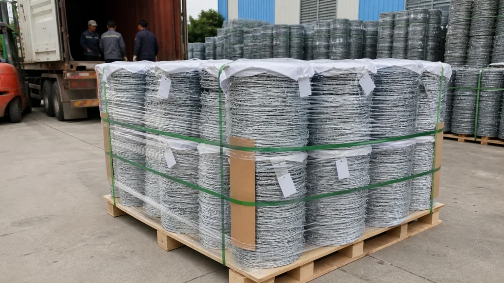 Wrapped galvanized barbed wire coils secured with straps and corner protection on reinforced export pallets beside a shipping container