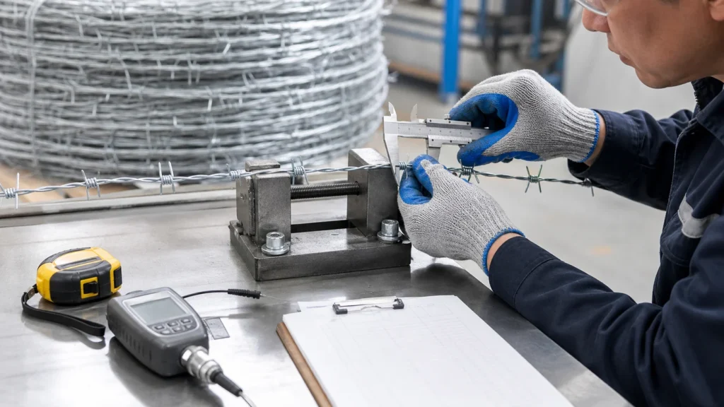 Inspector measuring the line wire of a safely clamped galvanized barbed-wire sample with a vernier caliper at a wire-fence quality station
