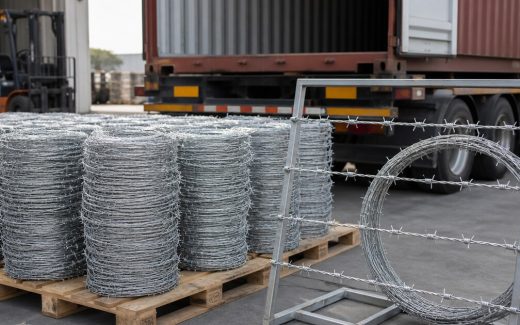 Galvanized barbed wire coils prepared for fenced-hardware export