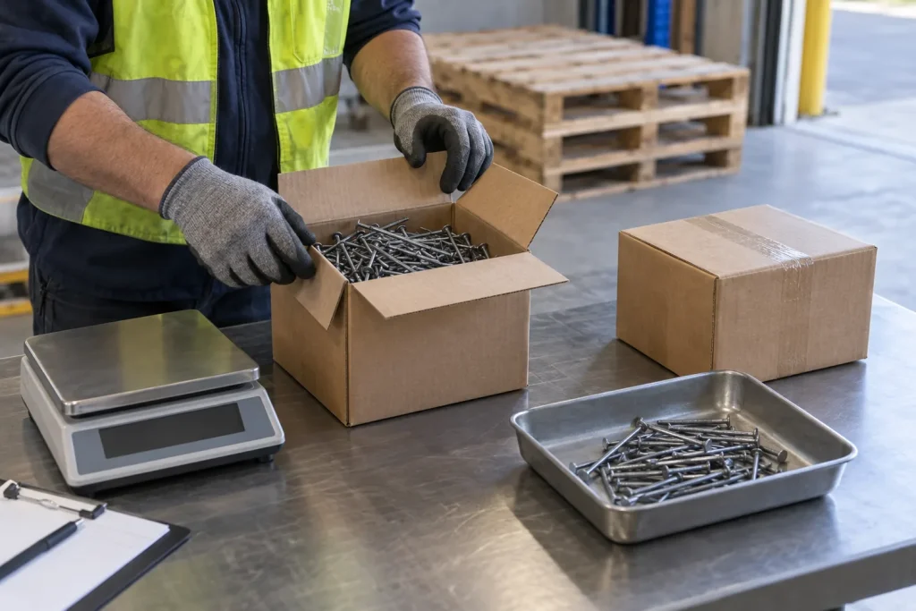 Worker checking a carton of loose common nails at a receiving station