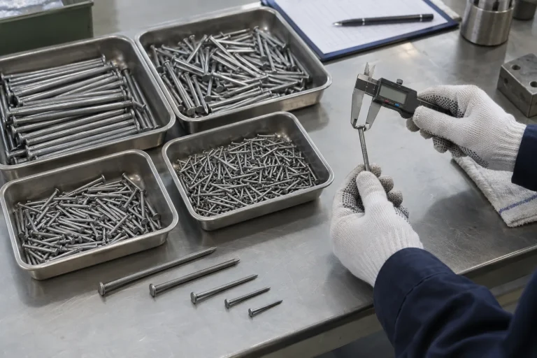 Different lengths of common nails separated for dimensional inspection with a caliper