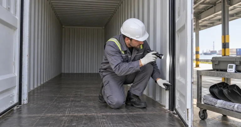 Inspector checking an empty shipping container before loading hardware cargo