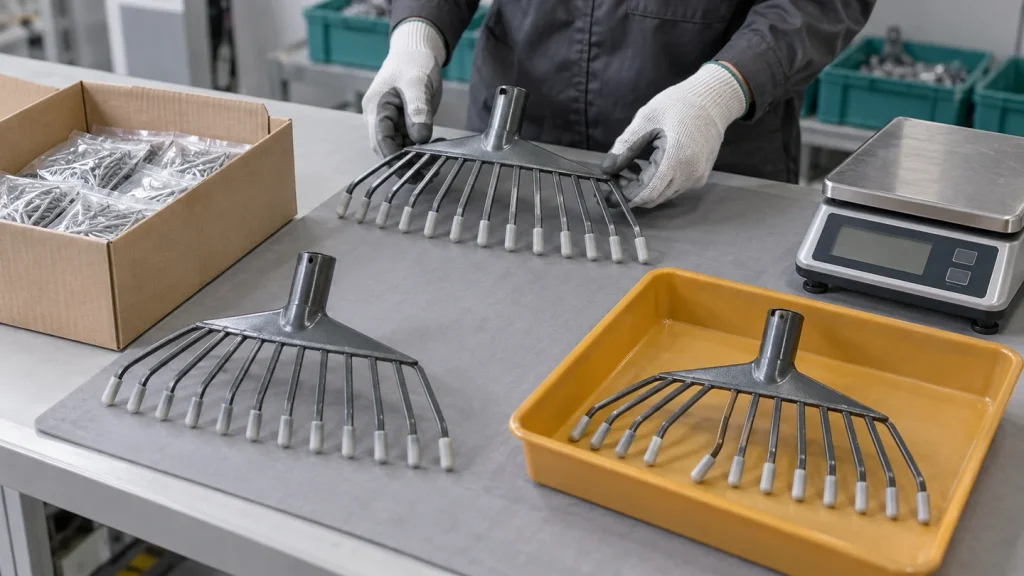 Inspector separating a garden rake head with bent tines from conforming sampled products