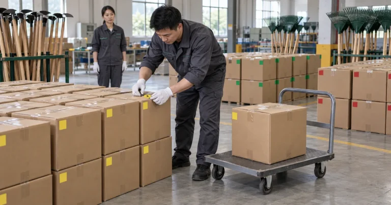 Inspector selecting cartons from separate hardware product groups for random pre-shipment sampling