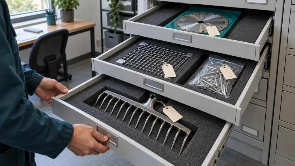 Hardware reference samples organized in protective drawers with individual identification tags