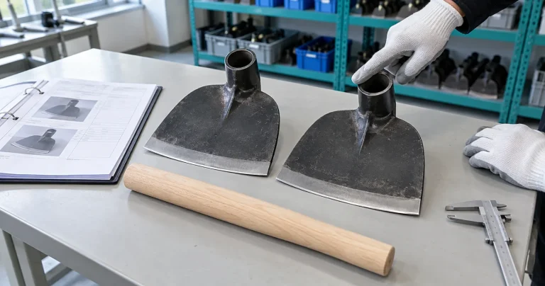 Two steel hoe-head samples compared beside a wooden handle and inspection documents