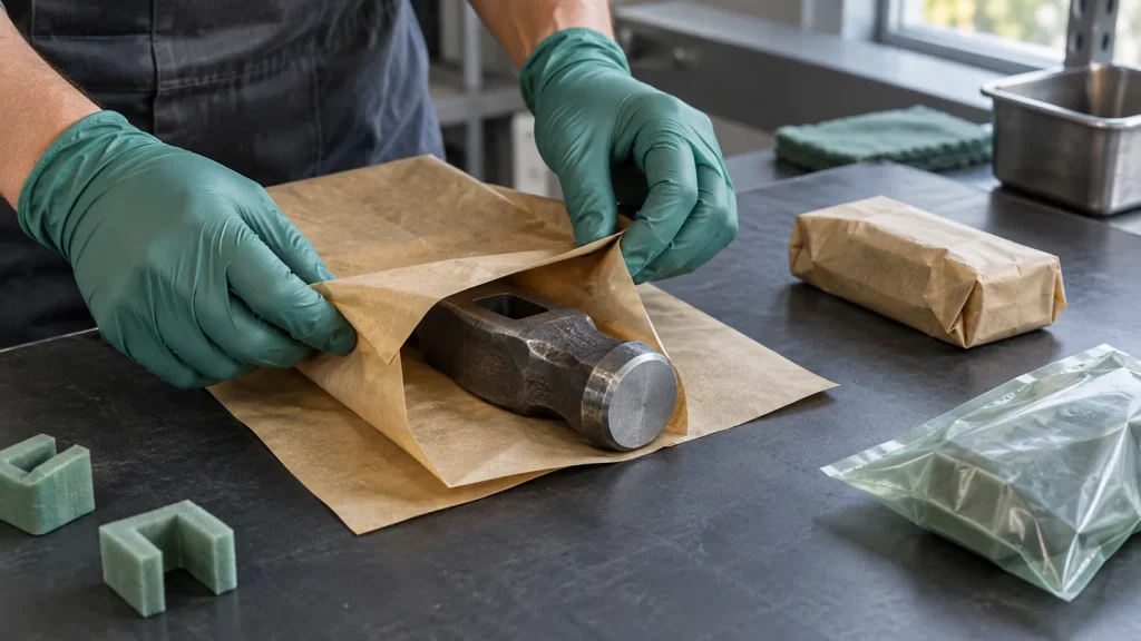 Gloved worker folding protective paper around a forged steel hammer head